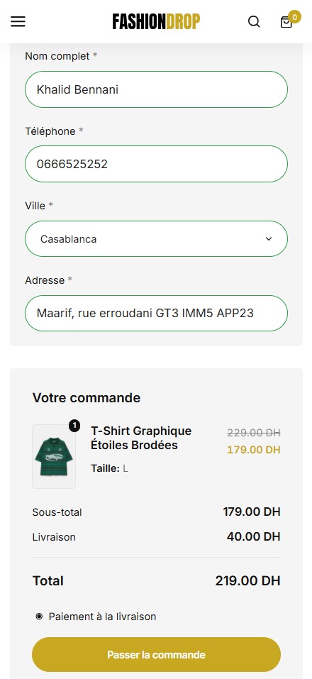 Checkout COD Sellioly sur mobile