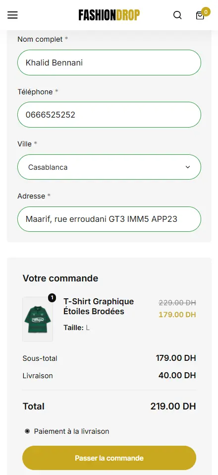 Écran de commande mobile Sellioly avec paiement à la livraison