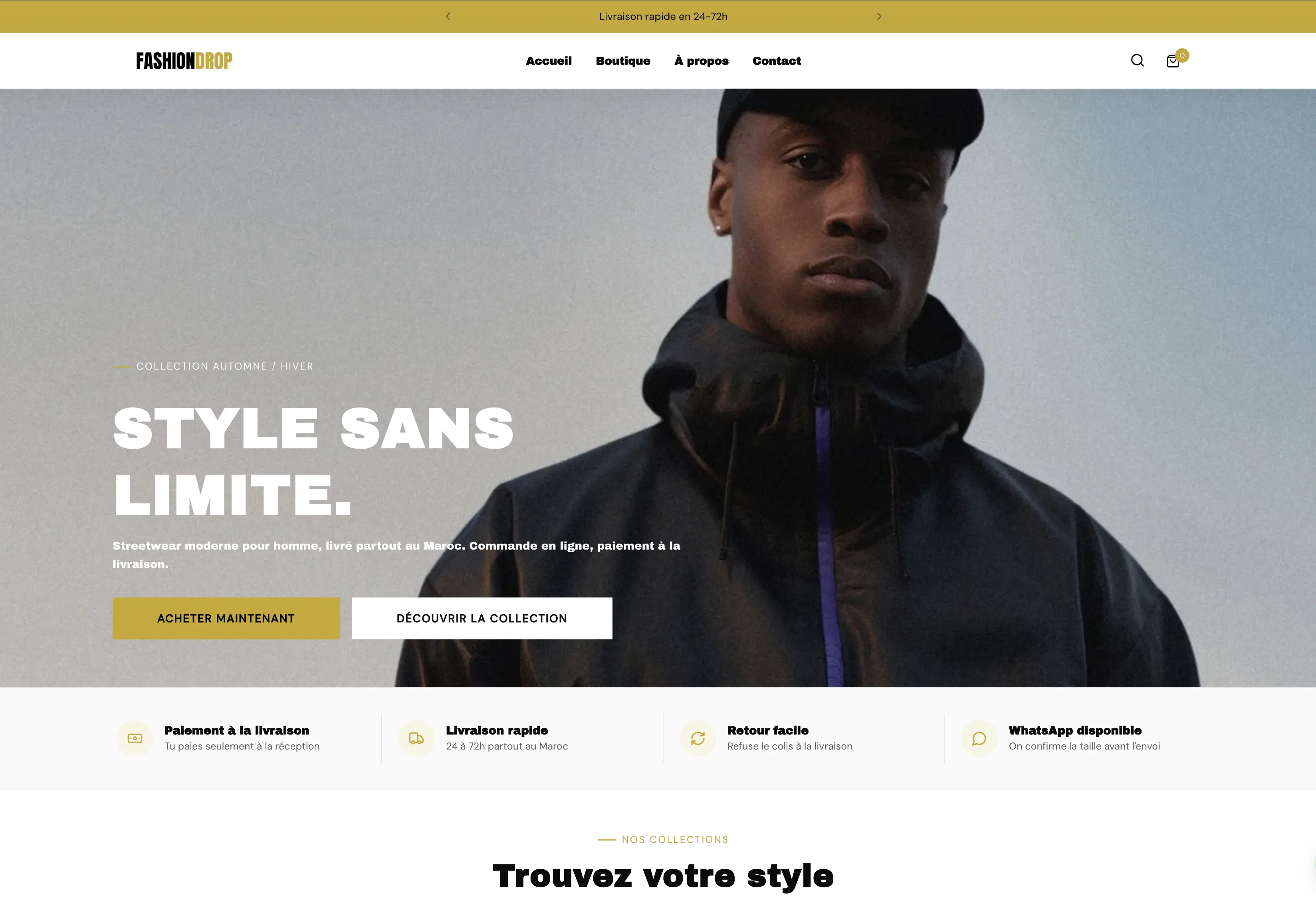Page d'accueil d'une boutique Sellioly avec grille de collections